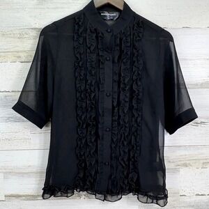 Norma‎ Kamali Ruffle Trim Top Blouse Button Up 1/2 Sleeve Sheer Black Size Small